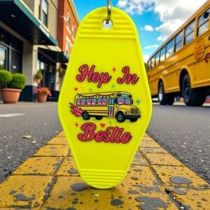 Handmade “Hop In Bestie” Keychain – Funny School Bus Friendship Charm